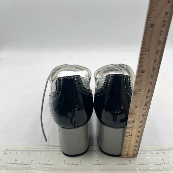 Black/Grey Closed Toe Lace Up Oxfords Perforated Stacked Low Heels Derby Pumps - Picture 4 of 7